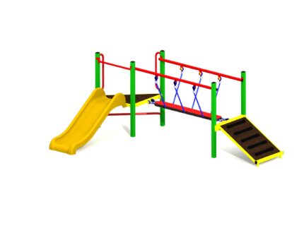 Farverigt klatrestativ med rutsjebane og netbro, designet til børn til at udfordre og udvikle motorik og balance.
