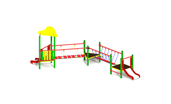 Klatrestativ med rutsjebane og net, farverigt design i rød, grøn og gul, velegnet til små børn til aktiv leg.